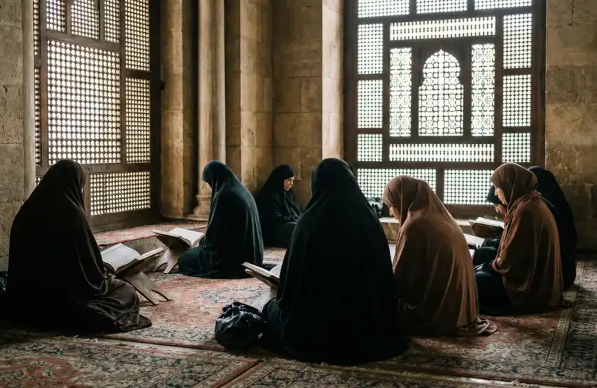 A documentary-style photograph of Muslim women in hijabs quietly reading the Quran and praying behind wooden mashrabiya screens in the dedicated women's section of a historic mosque.