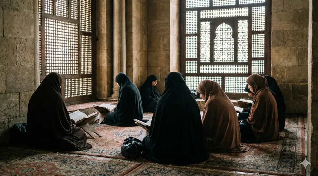 A documentary-style photograph of Muslim women in hijabs quietly reading the Quran and praying behind wooden mashrabiya screens in the dedicated women's section of a historic mosque.