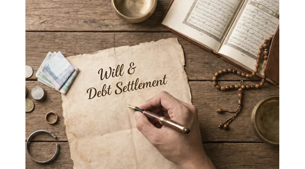 The Etiquette of the Sick and the Obligation of Repentance Before Death According to Asna al-Matalib 2 Illustration of writing a will and settling debts in Islam, showing a person writing a document with money, prayer beads, and the Quran on a wooden table.
