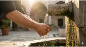 Home 23 Close-up of a person's hands performing wudu (ablution) with clear flowing water at an ancient mosque stone basin during a golden sunset.