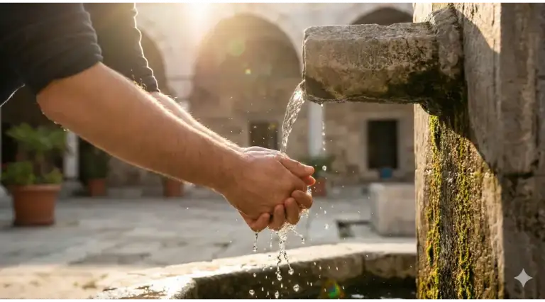 Shafi'i School of Jurisprudence: The Complete Guide to Islamic Law, Prayers, and Tasawuf 1 Close-up of a person's hands performing wudu (ablution) with clear flowing water at an ancient mosque stone basin during a golden sunset.