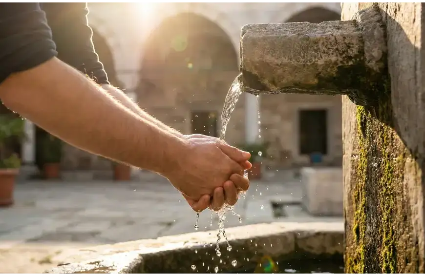 Close-up of a person's hands performing wudu (ablution) with clear flowing water at an ancient mosque stone basin during a golden sunset.