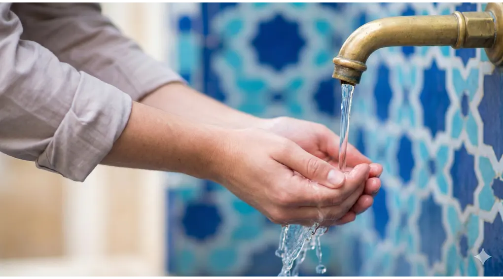 Rules, Conditions, and Method of Ghusl in Shafi'i Fiqh (Kaifiyah al-Ghusl) 3 Hands cupping clean water flowing from a traditional brass spout against a background of blue mosaic tiles.