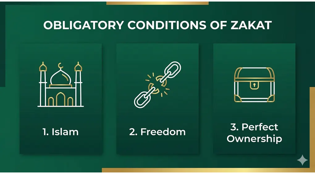 Basic Rulings of Zakat: Obligatory Conditions and Penalties 2 Modern minimalist infographic of 3 Obligatory Conditions of Zakat according to Shafi'i Fiqh, featuring a mosque icon for Islam, a broken chain for Freedom, and a treasure chest for Perfect Ownership, with Indonesian text.
