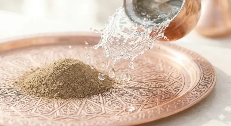 Shafi'i School of Jurisprudence: The Complete Guide to Islamic Law, Prayers, and Tasawuf 1 A splash of absolute water and pure earth on a copper tray serving as the primary media for Islamic purification from najis.