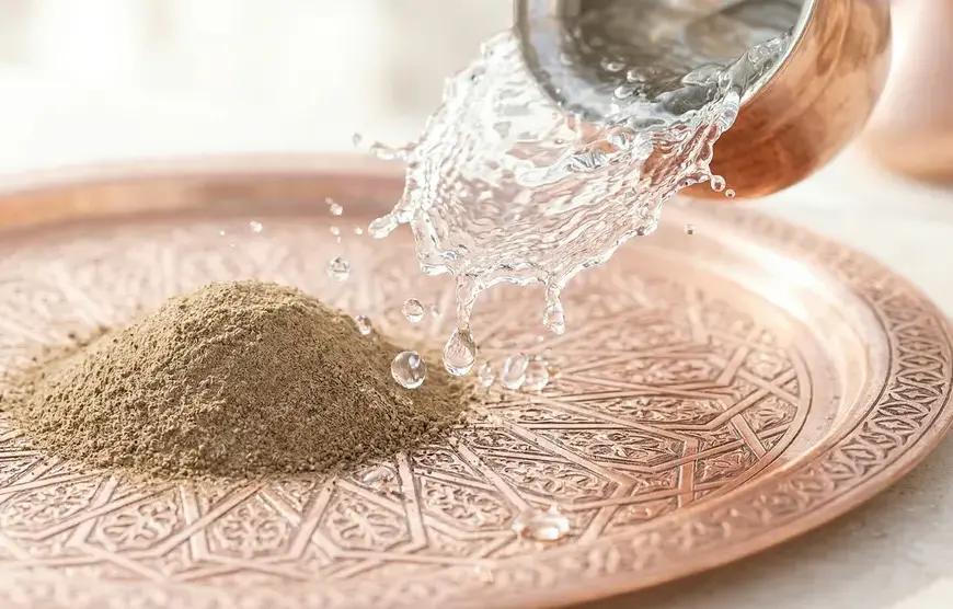 A splash of absolute water and pure earth on a copper tray serving as the primary media for Islamic purification from najis.