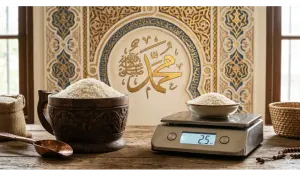 Home 7 traditional wooden 1 sha measure filled with rice and modern 2.5 kg digital scale for zakat fitr