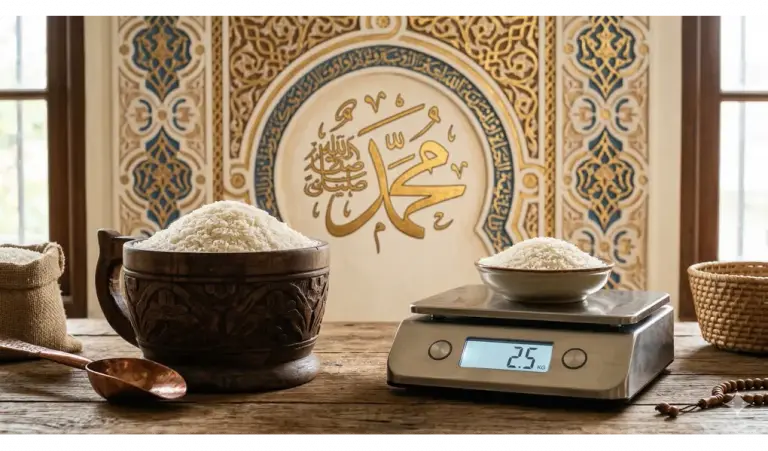 Shafi'i School of Jurisprudence: The Complete Guide to Islamic Law, Prayers, and Tasawuf 1 traditional wooden 1 sha measure filled with rice and modern 2.5 kg digital scale for zakat fitr