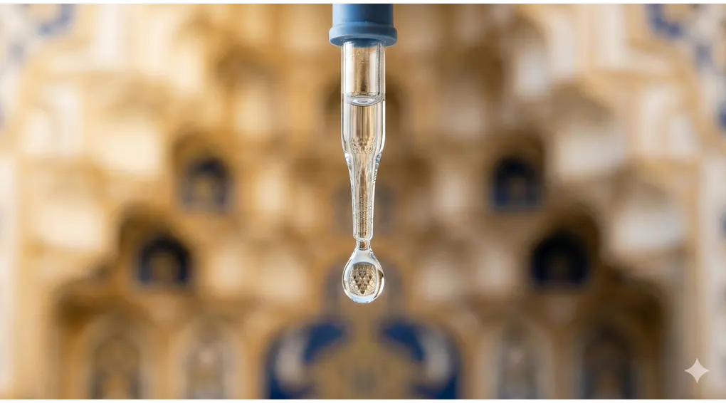 Apakah Obat Tetes Mata Membatalkan Puasa? Kajian Kitab Asna al-Matalib 2 Foto makro (close-up ekstrem) yang jernih, memperlihatkan ujung pipet botol tetes mata medis yang sedang mengeluarkan satu tetes cairan bening yang memantulkan cahaya. Latar belakang adalah blur (bokeh) dari pola geometris Islami.