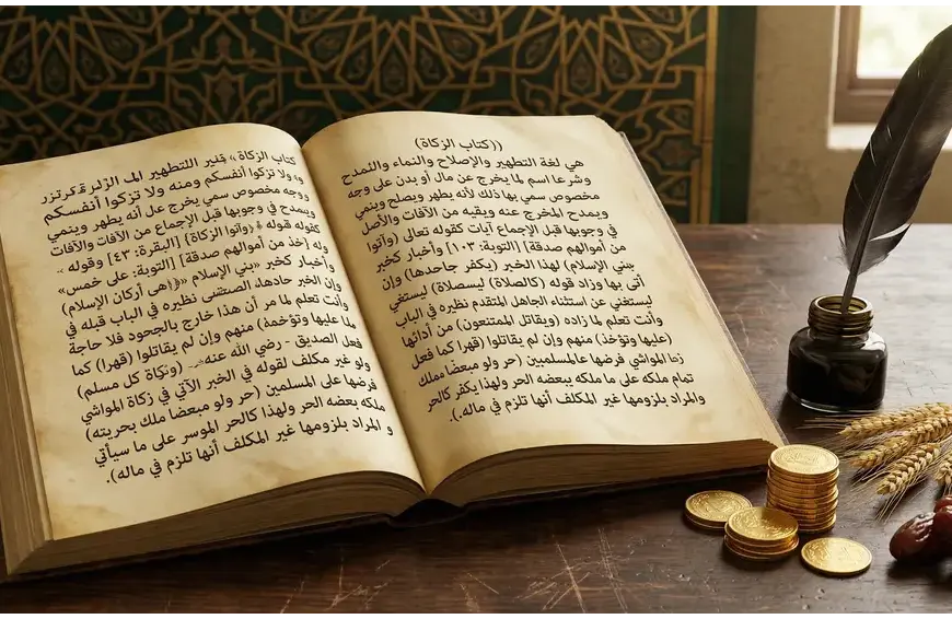 Macro photo of an ancient Arabic manuscript titled 'Asna al-Matalib' on zakat, with gold coins, dates, and wheat on a wooden desk with an arabesque pattern background.