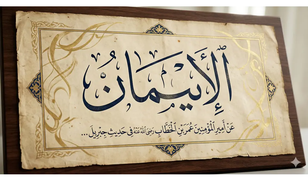 Understanding the Six Pillars of Faith in Islam: The Foundation of Belief 3 Classic Arabic calligraphy of the word Al-Iman (الإيمان) on parchment paper with luxurious golden accents and Islamic patterns.