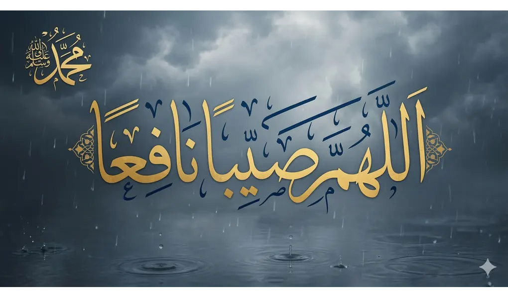 Complete Guide to the Dua for Rain: Islamic Supplications and Sunnah 3 Arabic calligraphy of the dua Allahumma Shayyiban Nafian with a raindrop background.