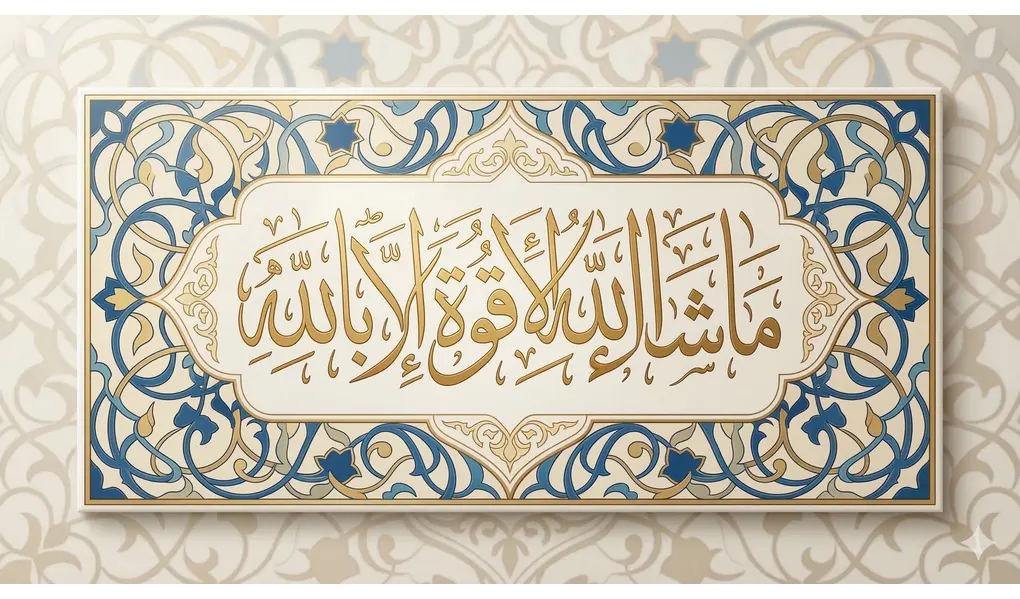 Authentic Dua for Evil Eye: The Prophet’s Guide to Spiritual Protection 2 Gold Arabic calligraphy of Masha'Allah La Quwwata Illa Billah on a decorative panel with intricate blue and gold Islamic geometric patterns