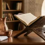 Classical fiqh book on a wooden rehal alongside absolute water in a copper vessel for purifying najis.