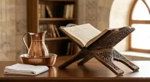 Shafi'i School of Jurisprudence: The Complete Guide to Islamic Law, Prayers, and Tasawuf 19 Classical fiqh book on a wooden rehal alongside absolute water in a copper vessel for purifying najis.