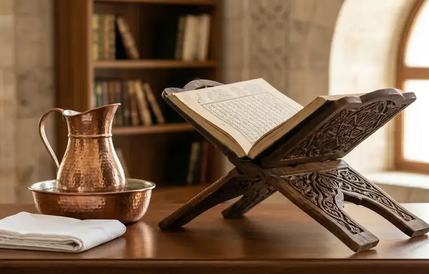 Classical fiqh book on a wooden rehal alongside absolute water in a copper vessel for purifying najis.