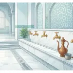 A clean and aesthetic mosque wudu area featuring Islamic architecture and gold faucets.