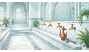 Home 15 A clean and aesthetic mosque wudu area featuring Islamic architecture and gold faucets.