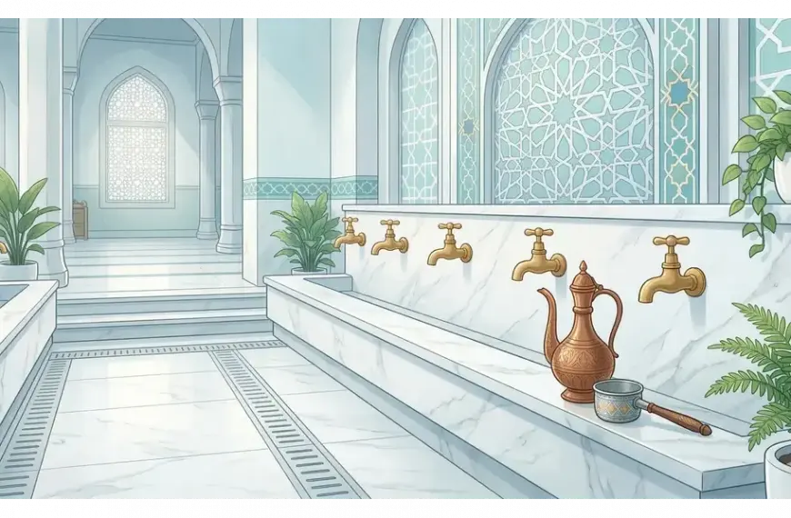 Home 37 A clean and aesthetic mosque wudu area featuring Islamic architecture and gold faucets.