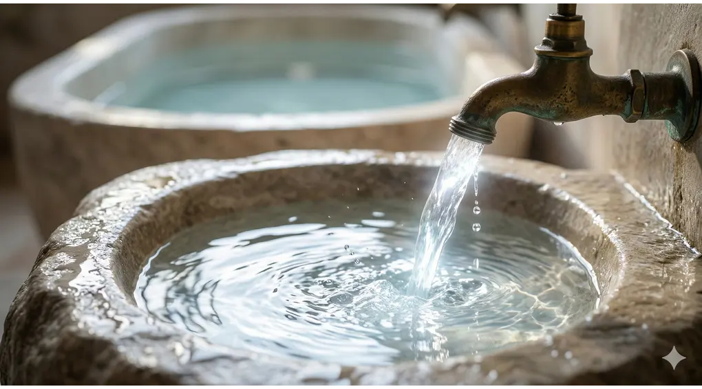 Does Slight Penetration or Sexual Intercourse Require Ghusl? Shafi'i Fiqh Boundaries 2 An artistic macro photograph of clear, radiant water flowing from an ancient bronze dipper into a full, clean natural stone bathtub, symbolizing Thaharah and spiritual freshness.