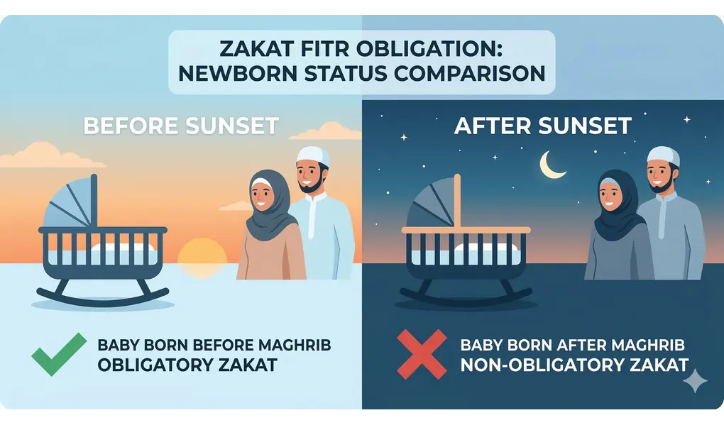Exact Zakat al-Fitr Deadline in Shafi'i Fiqh: A Comprehensive Guide 3 A conceptual split-screen comparison graphic about Zakat Fitrah obligation for babies born before and after sunset.