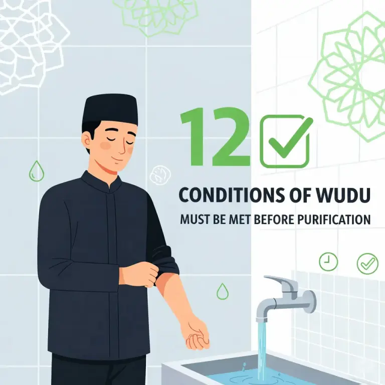 Shafi'i School of Jurisprudence: The Complete Guide to Islamic Law, Prayers, and Tasawuf 1 Illustration showing a Muslim preparing for wudu with a faucet and the title conditions for valid wudu.