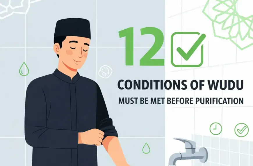 Shafi'i School of Jurisprudence: The Complete Guide to Islamic Law, Prayers, and Tasawuf 33 Illustration showing a Muslim preparing for wudu with a faucet and the title conditions for valid wudu.