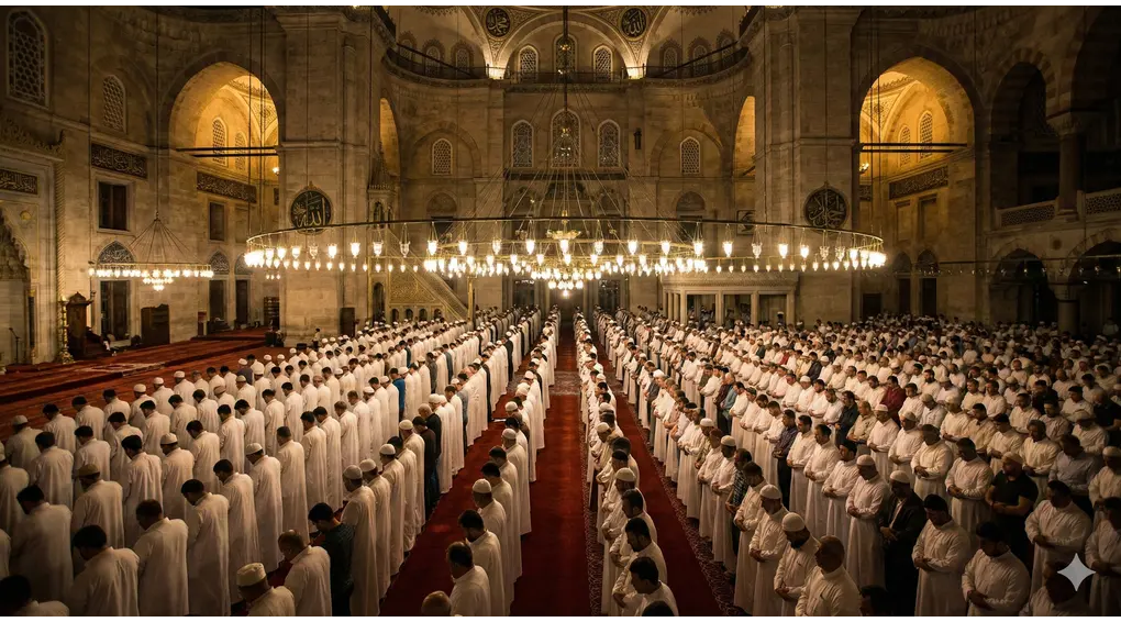 The Rules and Number of Rakaats for Tarawih Prayers in the Shafi'i School: The History of 20 Rakaats and Its Virtues 1 A massive congregation of Muslims standing in orderly rows performing the Tarawih prayer inside a grand, beautifully illuminated mosque during the month of Ramadan.