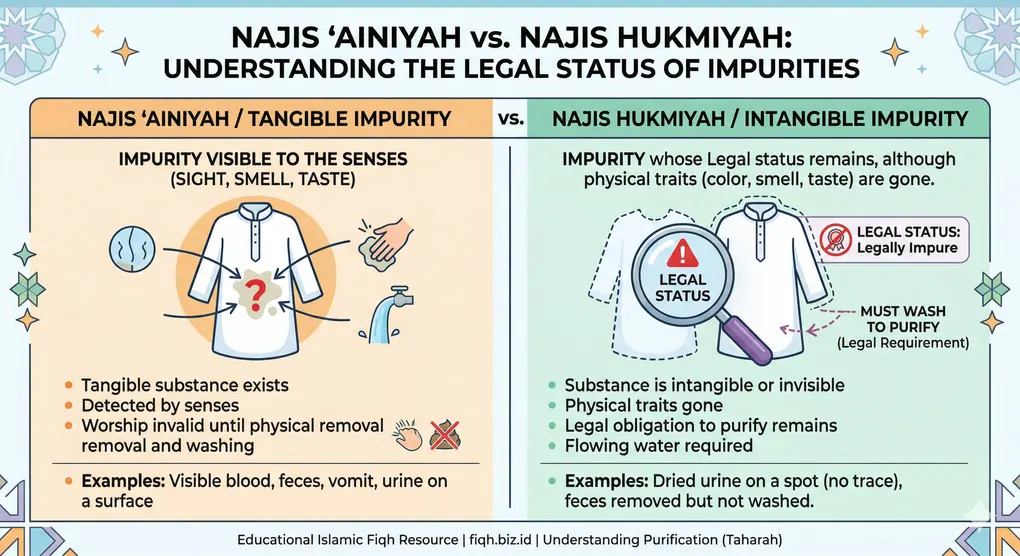 Understanding the Types of Najis in Islam and How to Purify Them 2 Infographic comparing tangible ainiyah impurity and intangible hukmiyah impurity that retains its legal impure status.