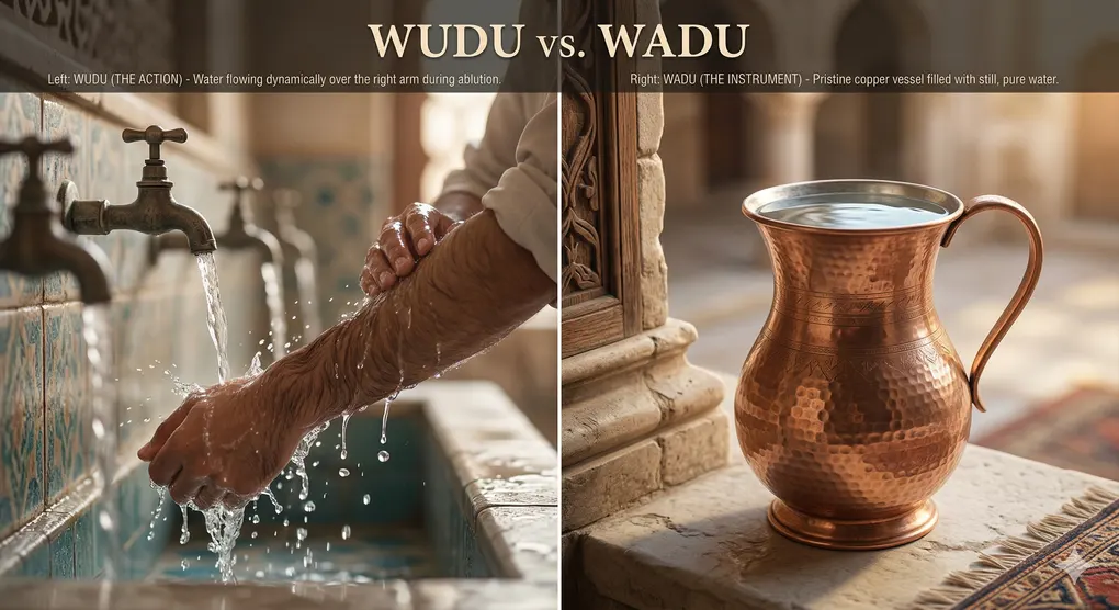 The Meaning of Wudu in Islam: Linguistic Roots and Fiqh Definition 4 Visual comparison of the wudu action washing an arm at a tap versus the wadu water in a classic copper vessel.