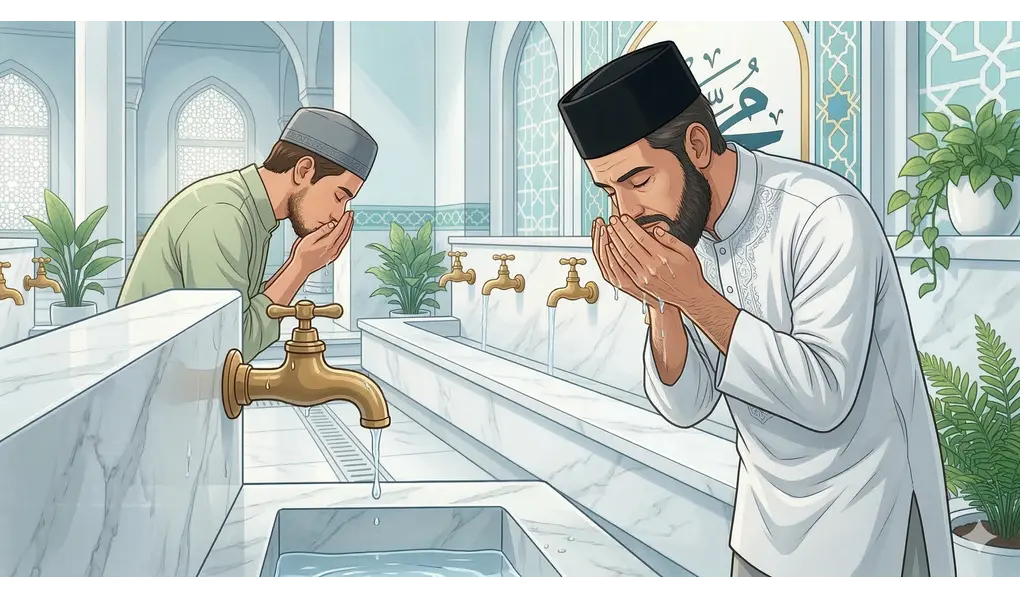 Comprehensive Guide to Makruh Acts in Wudu in Shafi'i Fiqh 3 Two Muslim men in prayer caps performing wudu with focus and without speaking.