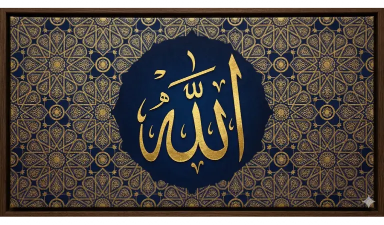 Golden Arabic calligraphy of the word Allah against a deep navy blue Islamic star pattern background.