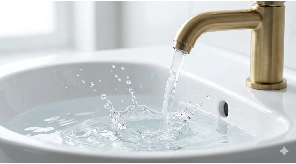 The Ruling on Ghusl After Using a Condom According to Shafi'i Fiqh 2 A crystal clear macro photograph of an aesthetic brass tap flowing water into a pristine white ceramic basin, capturing sharp water splashes as a refreshing visual on purification.