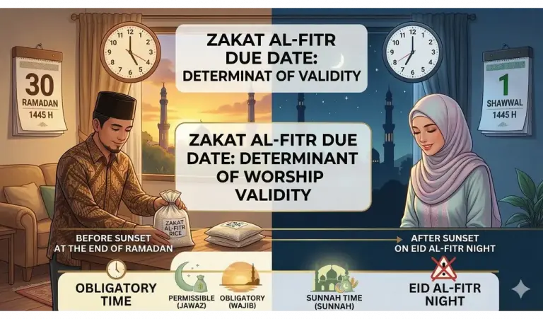 Shafi'i School of Jurisprudence: The Complete Guide to Islamic Law, Prayers, and Tasawuf 1 English version of a conceptual, cinematic split-screen featured image on 'Zakat Al-Fitr Due Date'.