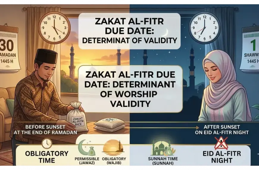 Shafi'i School of Jurisprudence: The Complete Guide to Islamic Law, Prayers, and Tasawuf 29 English version of a conceptual, cinematic split-screen featured image on 'Zakat Al-Fitr Due Date'.