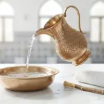 An Islamic engraved copper pitcher pouring clear water into a bowl next to a miswak and white towel, symbolizing Islamic purification.