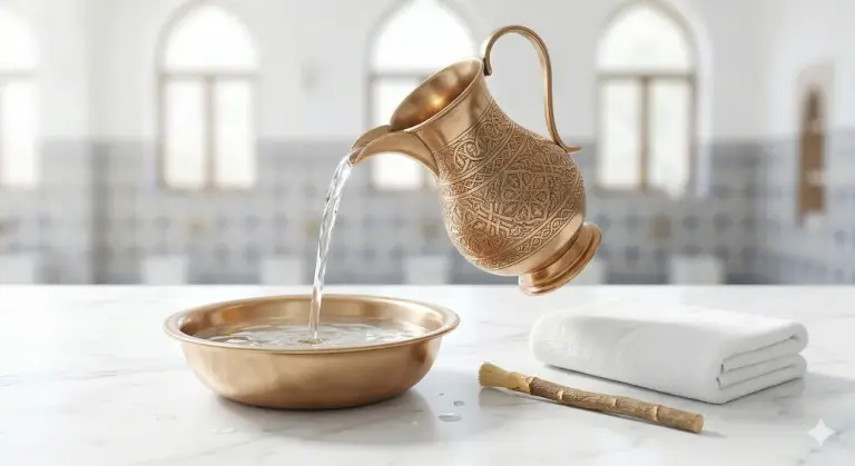 An Islamic engraved copper pitcher pouring clear water into a bowl next to a miswak and white towel, symbolizing Islamic purification.