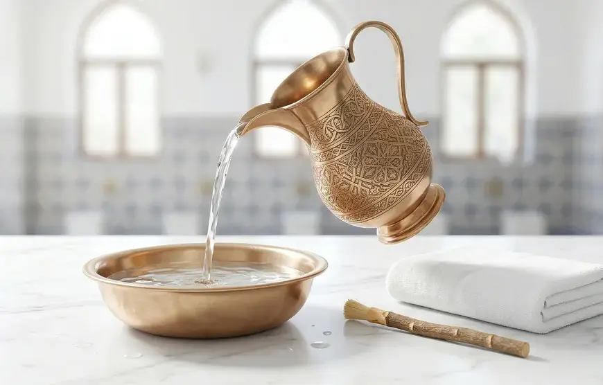 An Islamic engraved copper pitcher pouring clear water into a bowl next to a miswak and white towel, symbolizing Islamic purification.