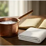 An aesthetic still-life photograph of an open classical Arabic fiqh manuscript, next to an antique copper dipper filled with crystal-clear water and a pristine white towel, symbolizing Islamic purification and academic knowledge.