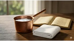 Home 17 An aesthetic still-life photograph of an open classical Arabic fiqh manuscript, next to an antique copper dipper filled with crystal-clear water and a pristine white towel, symbolizing Islamic purification and academic knowledge.