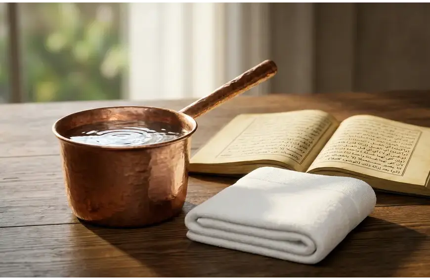 An aesthetic still-life photograph of an open classical Arabic fiqh manuscript, next to an antique copper dipper filled with crystal-clear water and a pristine white towel, symbolizing Islamic purification and academic knowledge.