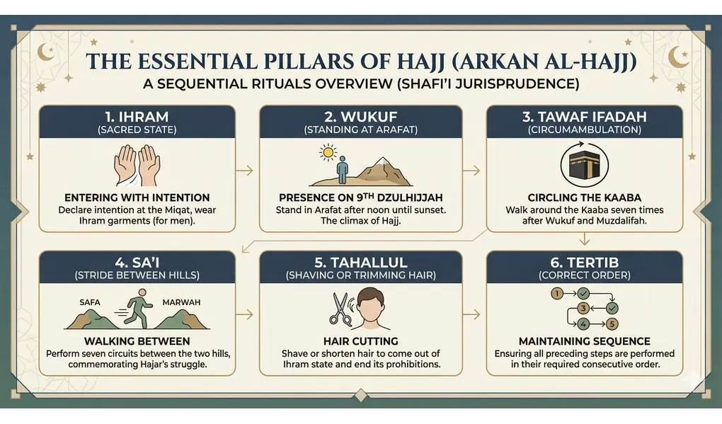 Meaning of Hajj: Exploring the Definition, Rulings, and Pillars in Islam 2 Meaning of Hajj: An academic-style infographic titled "THE ESSENTIAL PILLARS OF HAJJ (ARKAN AL-HAJJ)" illustrating the six sequential steps of Hajj (Ihram, Wukuf, Tawaf, Sa'i, Tahallul, Tertib) according to Shafi'i jurisprudence, complete with numbers, minimalist icons, and English explanations.