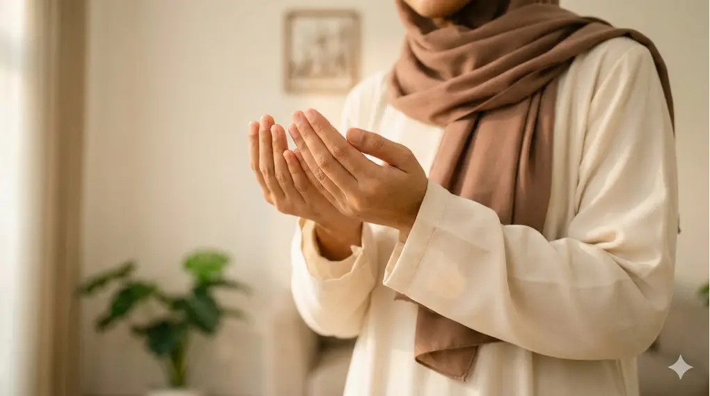 Understanding the Meaning of Salah: Linguistic Roots and Shariah Terminology in Islam 2 A close-up of Southeast Asian Muslim woman's hands raised upwards in supplication (dua) after prayer. The woman is wearing an earth-tone syar'i hijab. Warm natural light illuminates her hands, background is blurred.