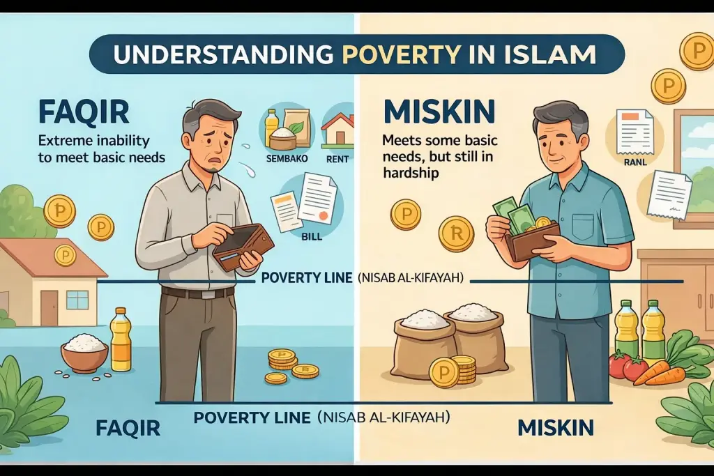 A Comprehensive Guide to the 8 Asnaf of Zakat and Distribution Procedures 2 Modern flat design infographic illustration comparing the Islamic concepts of Fakir and Miskin in Indonesia. Fakir man with empty wallet and minimal basic needs vs Miskin man with some money and more basic needs in front of the Batas Kifayah line.