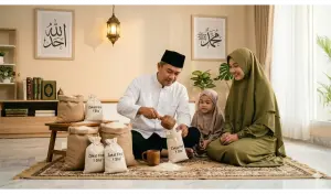 Home 11 A Muslim household head measuring rice for Zakat al-Fitr, accompanied by his wife in modest hijab and their child, with "Allah Ahad" calligraphy.