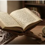 An open classical Arabic fiqh manuscript on a carved wooden book stand, a classic pocket watch, and a string of prayer beads in soft morning window light.