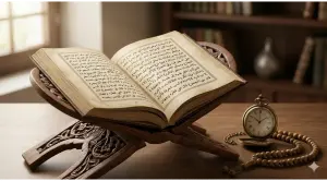 Home 13 An open classical Arabic fiqh manuscript on a carved wooden book stand, a classic pocket watch, and a string of prayer beads in soft morning window light.