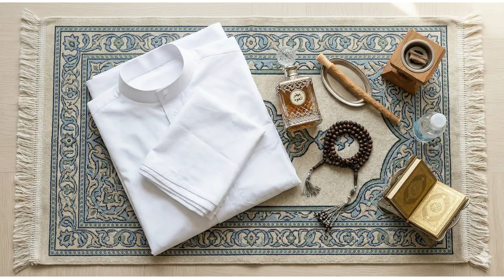 The Meaning of Thaharah: Significance, Rulings, and Its Importance in Islam 2 Stack of pristine white prayer garments neatly folded on a clean prayer mat, beside a crystal bottle of attar.