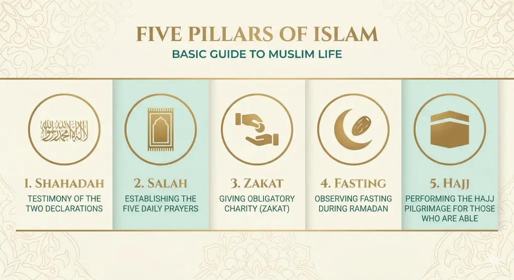 The Five Pillars of Islam: A Comprehensive Guide to Muslim Duties 2 Elegant horizontal infographic displaying the Five Pillars of Islam sequence from left to right with minimalist icons and English text: Shahadah (calligraphy), Salah (prayer rug), Zakat (charity), Fasting (dates), Hajj (Ka'bah). Clean design with a cream, tosca green, and matte gold color palette.