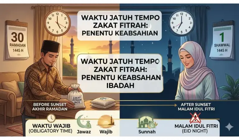 Home 1 Gambar fitur konseptual, sinematik, layar terpisah untuk artikel tentang 'Waktu Jatuh Tempo Zakat Fitrah'.